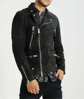 Men's Black Suede Original Leather Multi-Zip Biker Jacket with Quilted Shoulders
