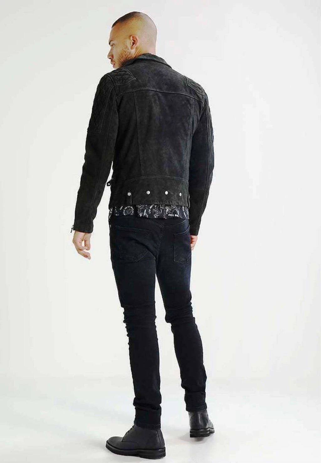 Men's Black Suede Original Leather Multi-Zip Biker Jacket with Quilted Shoulders