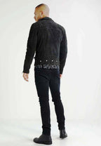 Men's Black Suede Original Leather Multi-Zip Biker Jacket with Quilted Shoulders