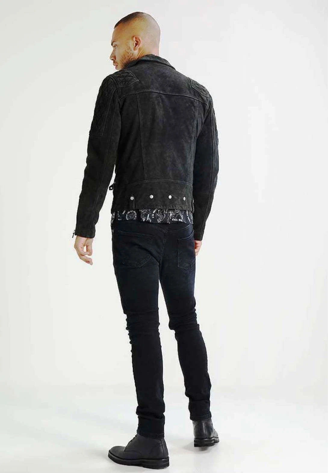 Men's Black Suede Original Leather Multi-Zip Biker Jacket with Quilted Shoulders