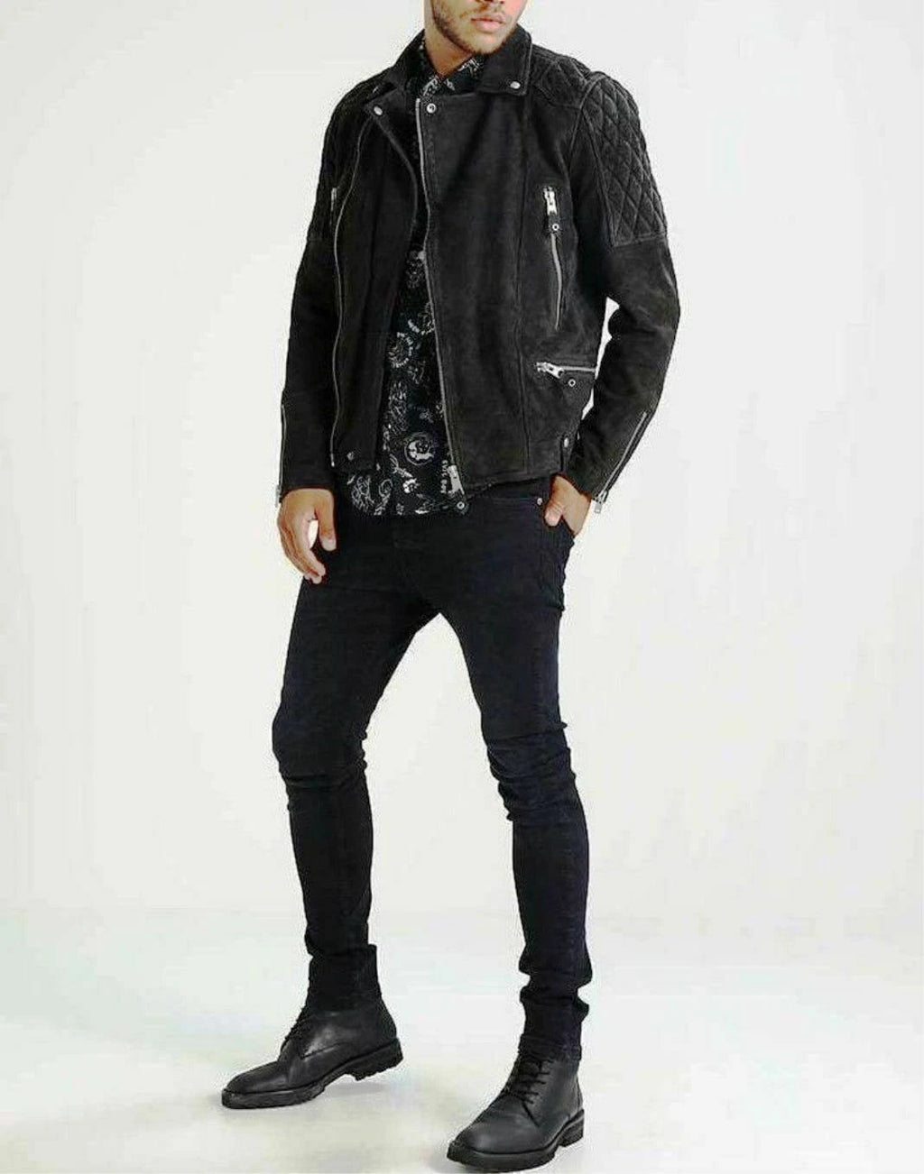 Men's Black Suede Original Leather Multi-Zip Biker Jacket with Quilted Shoulders