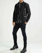 Men's Black Suede Original Leather Multi-Zip Biker Jacket with Quilted Shoulders