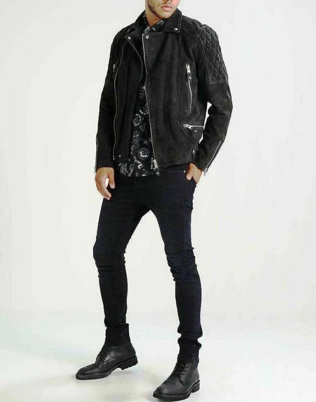 Men's Black Suede Original Leather Multi-Zip Biker Jacket with Quilted Shoulders