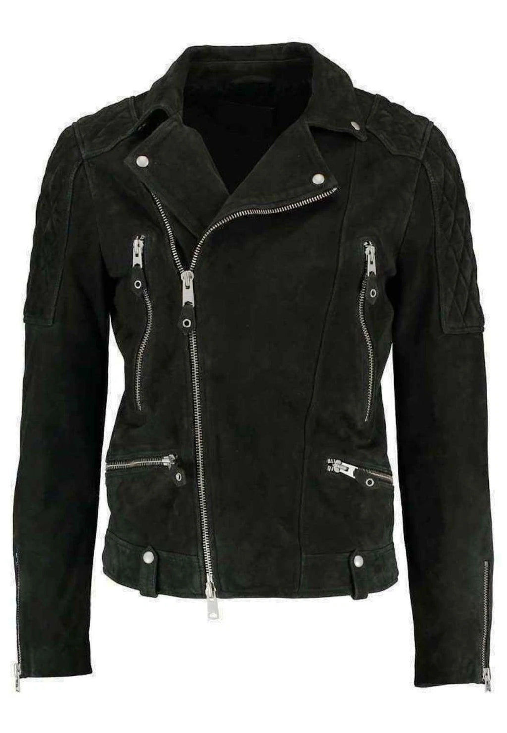 Men's Black Suede Original Leather Multi-Zip Biker Jacket with Quilted Shoulders