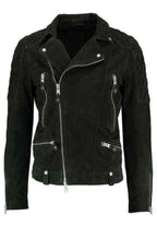 Men's Black Suede Original Leather Multi-Zip Biker Jacket with Quilted Shoulders
