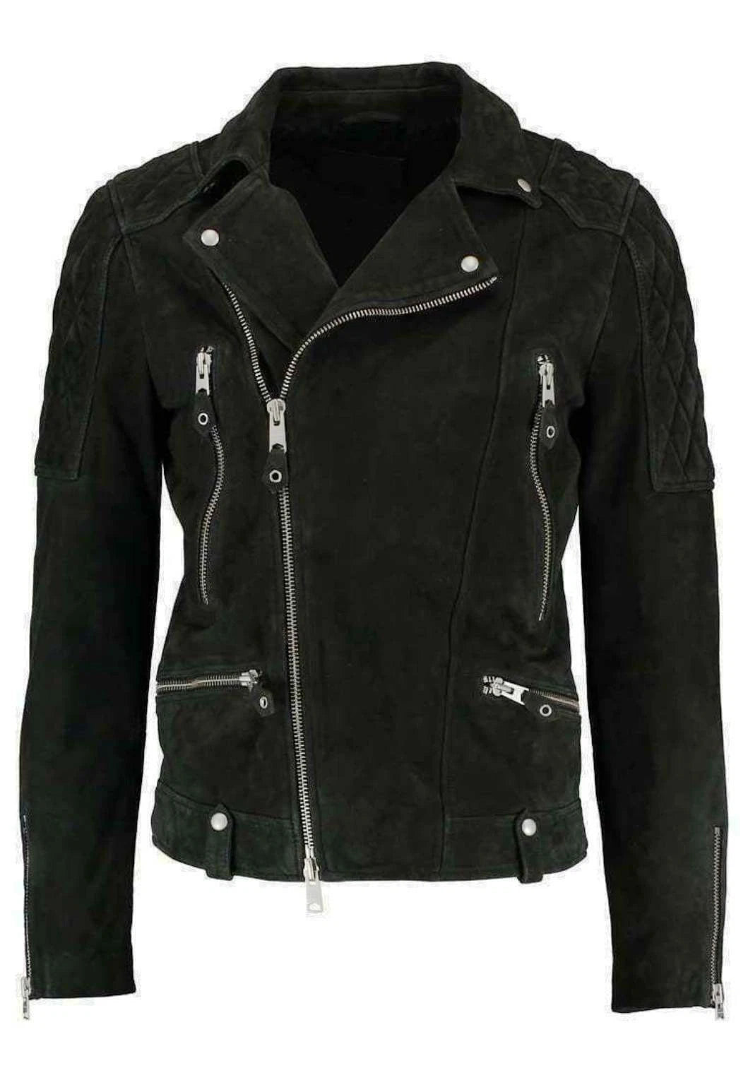 Men's Black Suede Original Leather Multi-Zip Biker Jacket with Quilted Shoulders