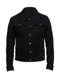 Men's Black Suede Original Leather Trucker Jacket with Dual Chest Pockets