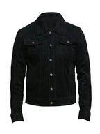 Men's Black Suede Original Leather Trucker Jacket with Dual Chest Pockets