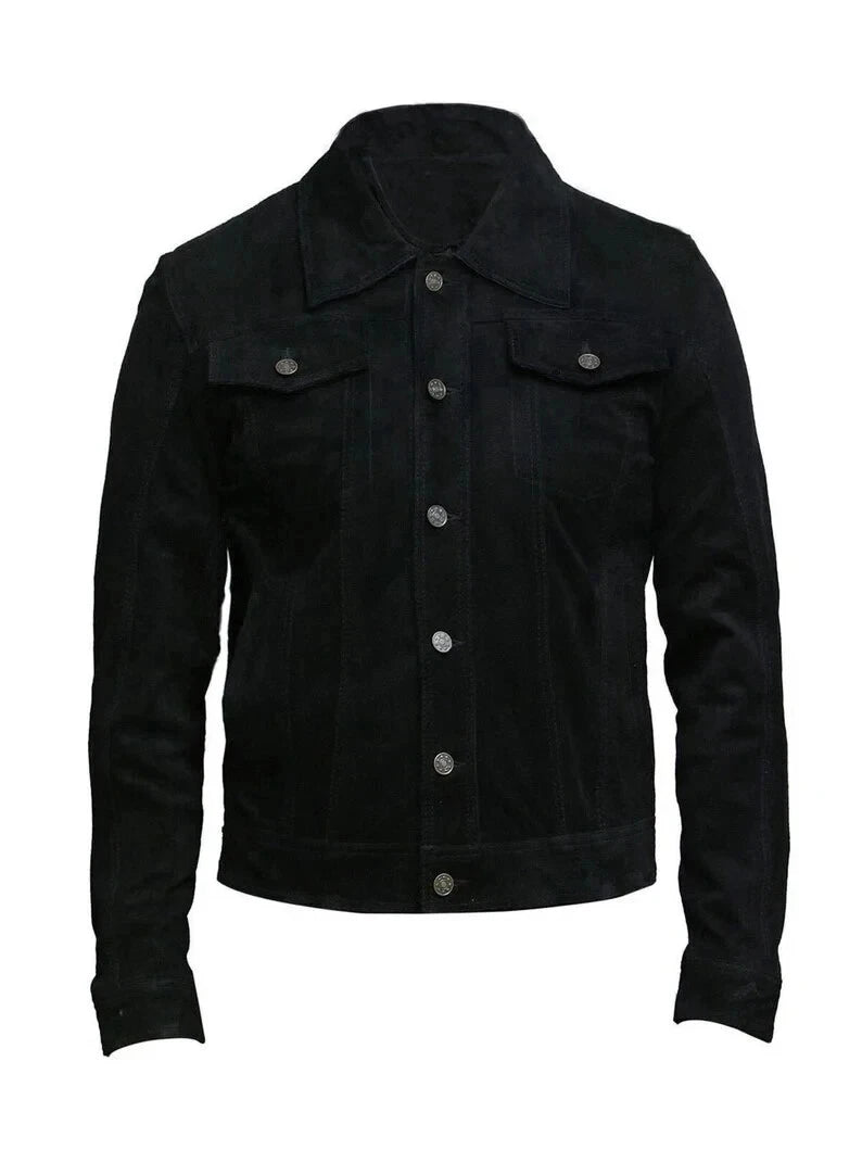 Men's Black Suede Original Leather Trucker Jacket with Dual Chest Pockets