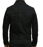 Men's Black Suede Original Leather Trucker Jacket with Dual Chest Pockets