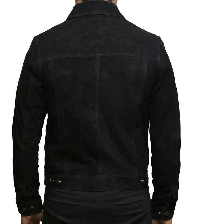 Men's Black Suede Original Leather Trucker Jacket with Dual Chest Pockets