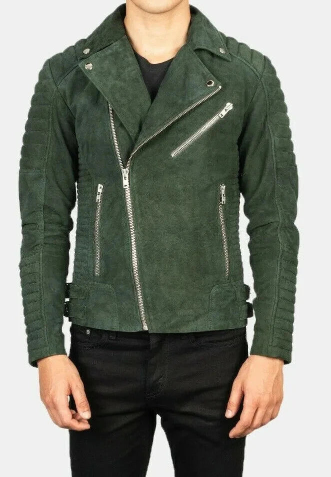 Men's Dark Green Suede Premium Original Leather Quilted Biker Jacket with Ribbed Sleeves