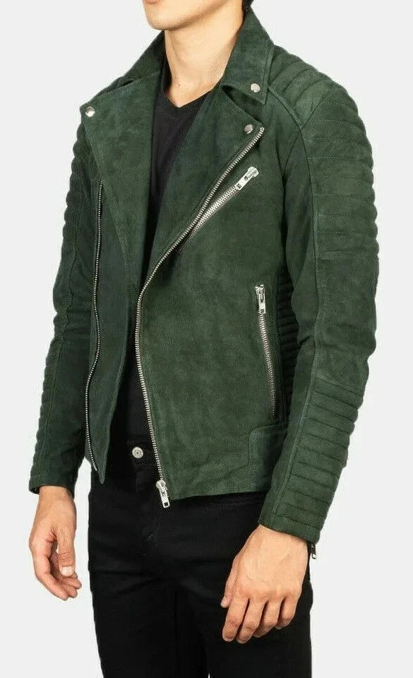 Men's Dark Green Suede Premium Original Leather Quilted Biker Jacket with Ribbed Sleeves
