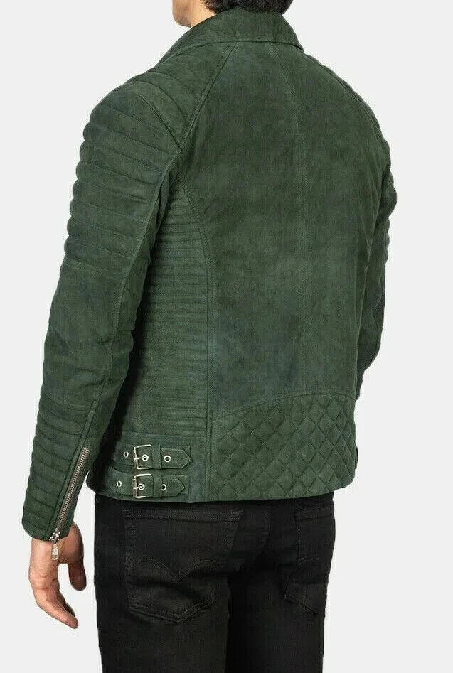 Men's Dark Green Suede Premium Original Leather Quilted Biker Jacket with Ribbed Sleeves