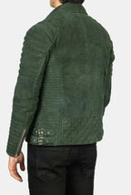 Men's Dark Green Suede Premium Original Leather Quilted Biker Jacket with Ribbed Sleeves