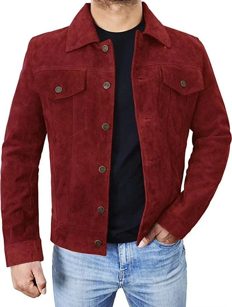 Men's Burgundy Suede Original Leather Trucker Jacket with Dual Chest Pockets