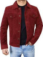 Men's Burgundy Suede Original Leather Trucker Jacket with Dual Chest Pockets