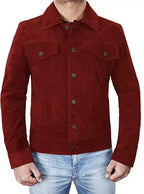 Men's Burgundy Suede Original Leather Trucker Jacket with Dual Chest Pockets