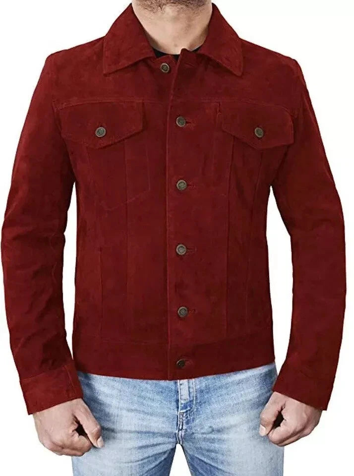 Men's Burgundy Suede Original Leather Trucker Jacket with Dual Chest Pockets