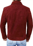 Men's Burgundy Suede Original Leather Trucker Jacket with Dual Chest Pockets