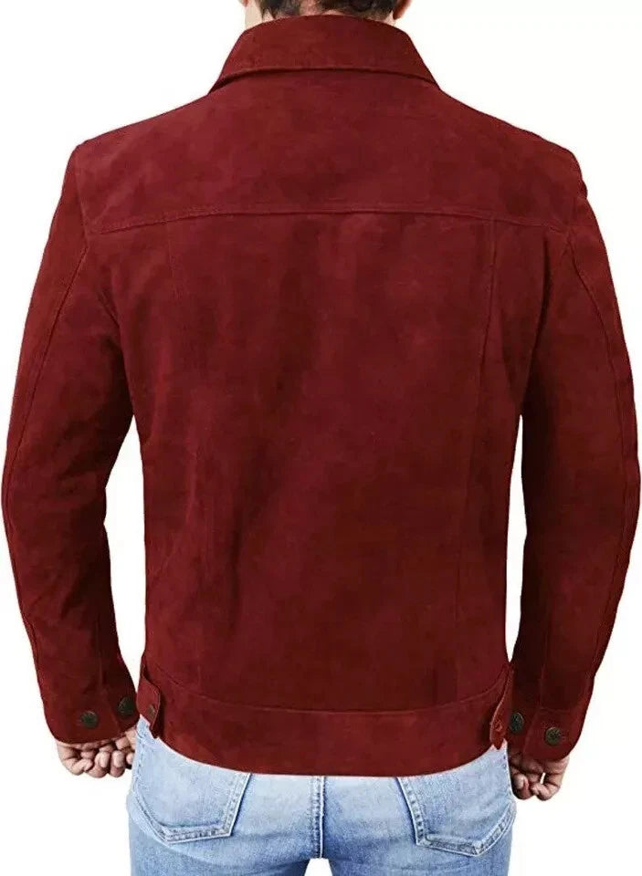 Men's Burgundy Suede Original Leather Trucker Jacket with Dual Chest Pockets