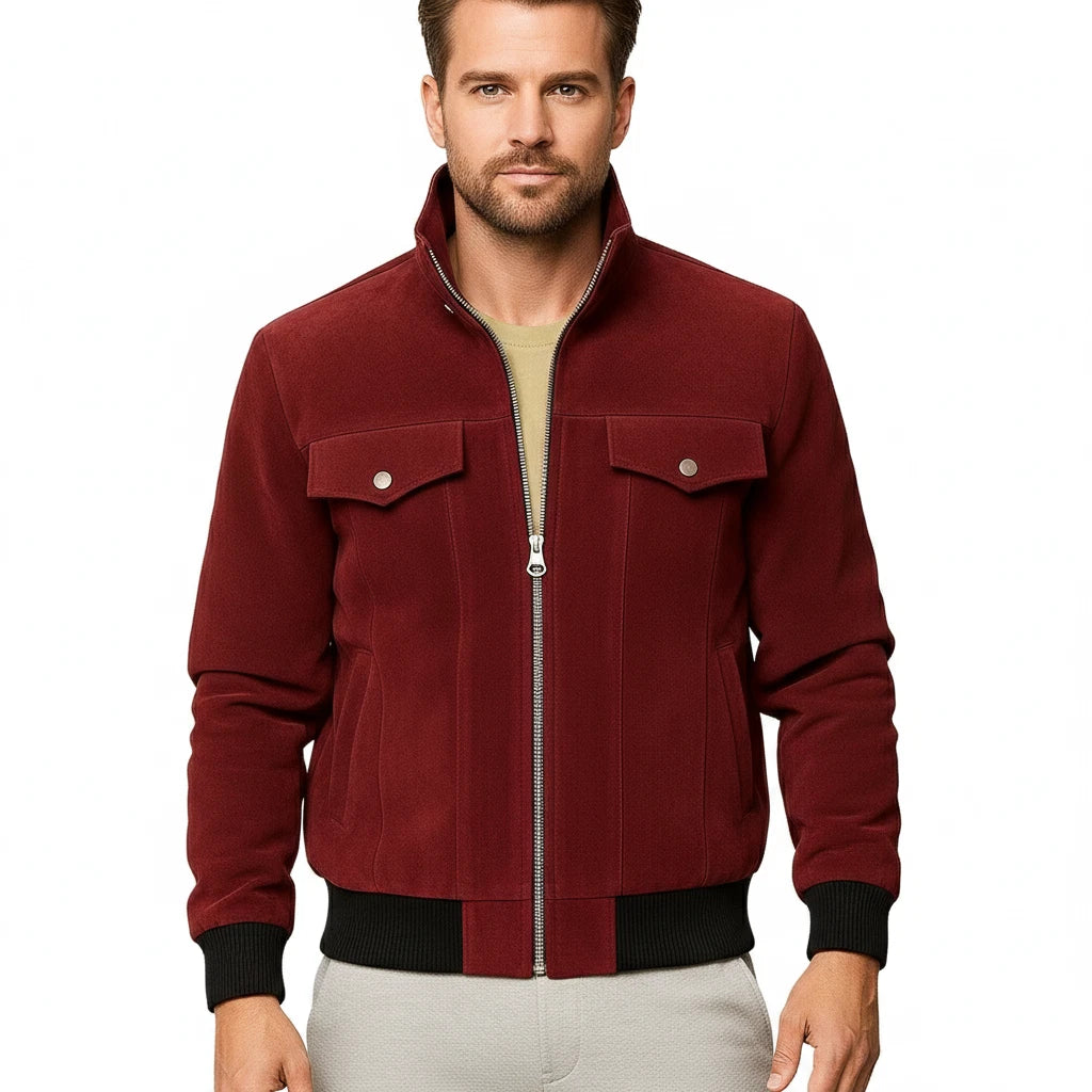 Men's Burgundy Suede Original Leather Bomber Jacket with Black Ribbed Trim