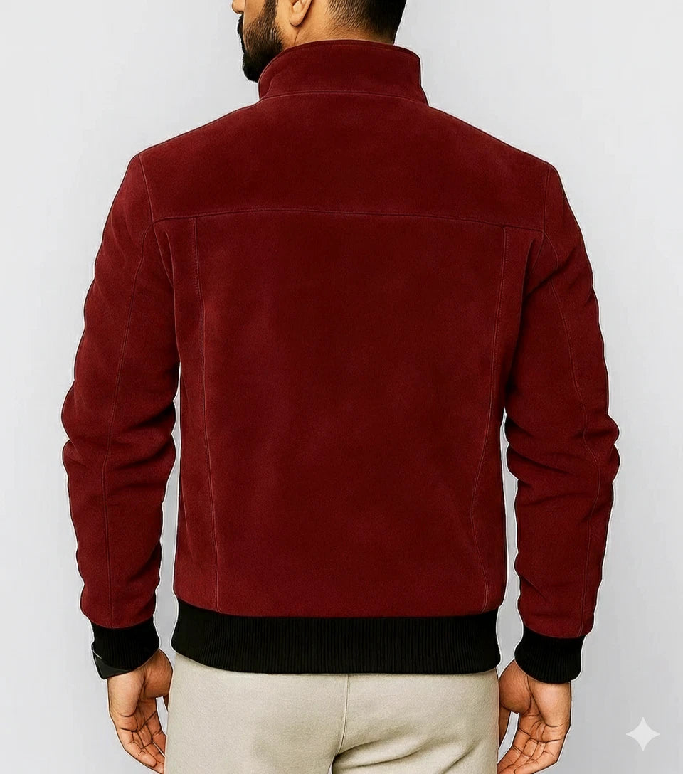 Men's Burgundy Suede Original Leather Bomber Jacket with Black Ribbed Trim