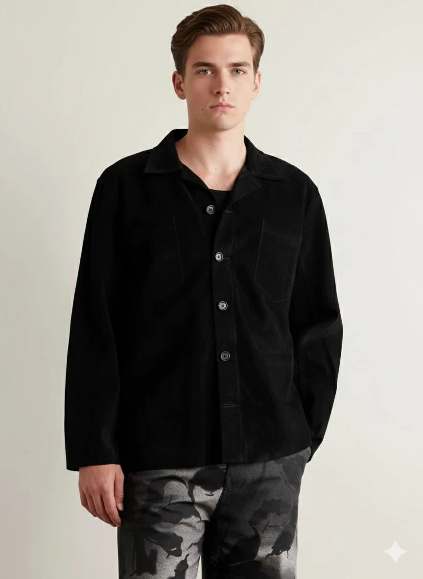 Men's Black Suede Original Premium Leather Coat with Chest Pocket