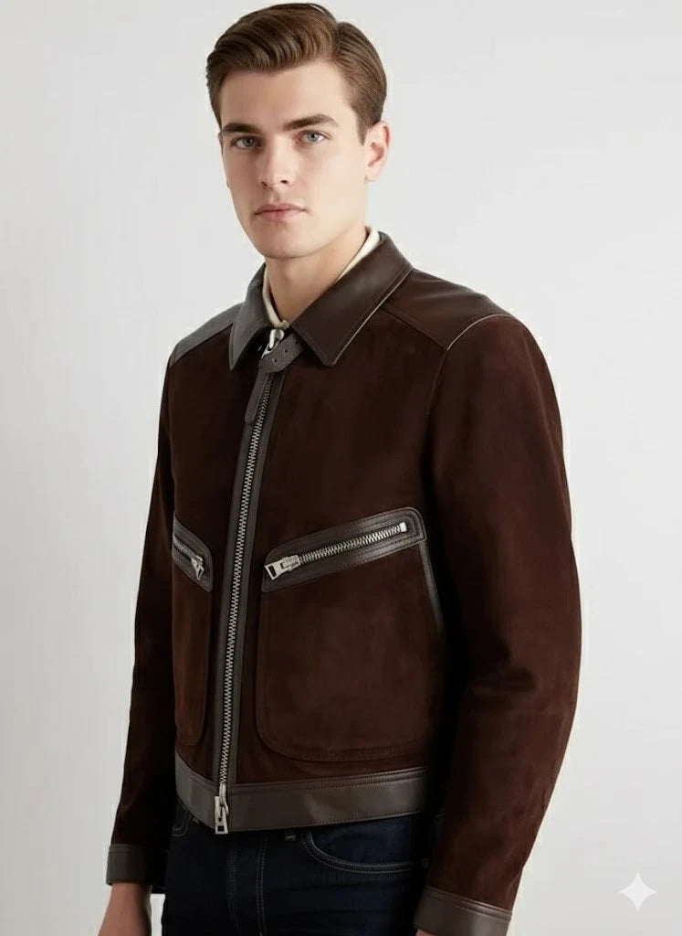 Men's Dark Brown Suede & Leather Original Premium Biker Jacket