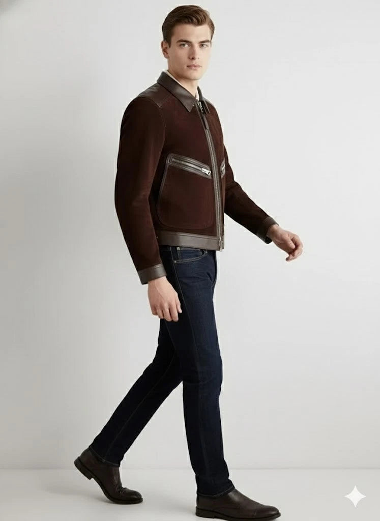 Men's Dark Brown Suede & Leather Original Premium Biker Jacket