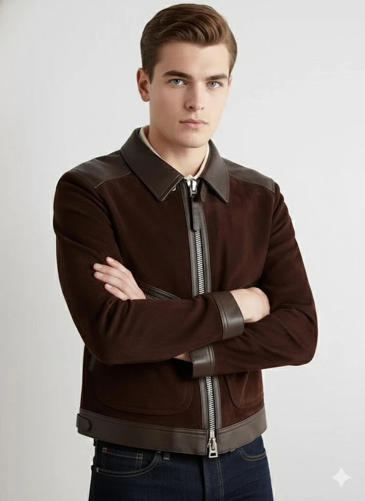 Men's Dark Brown Suede & Leather Original Premium Biker Jacket