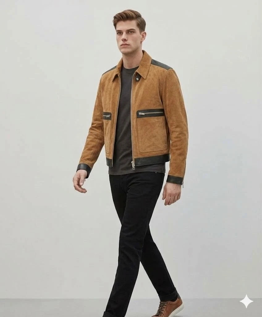 Men's Tan Suede & Black Leather Premium Original Trim Biker Jacket