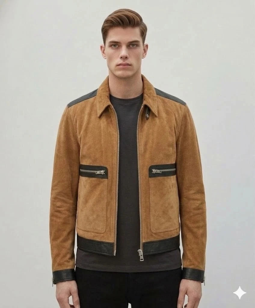 Men's Tan Suede & Black Leather Premium Original Trim Biker Jacket