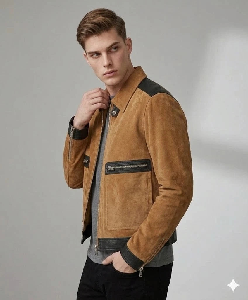 Men's Tan Suede & Black Leather Premium Original Trim Biker Jacket