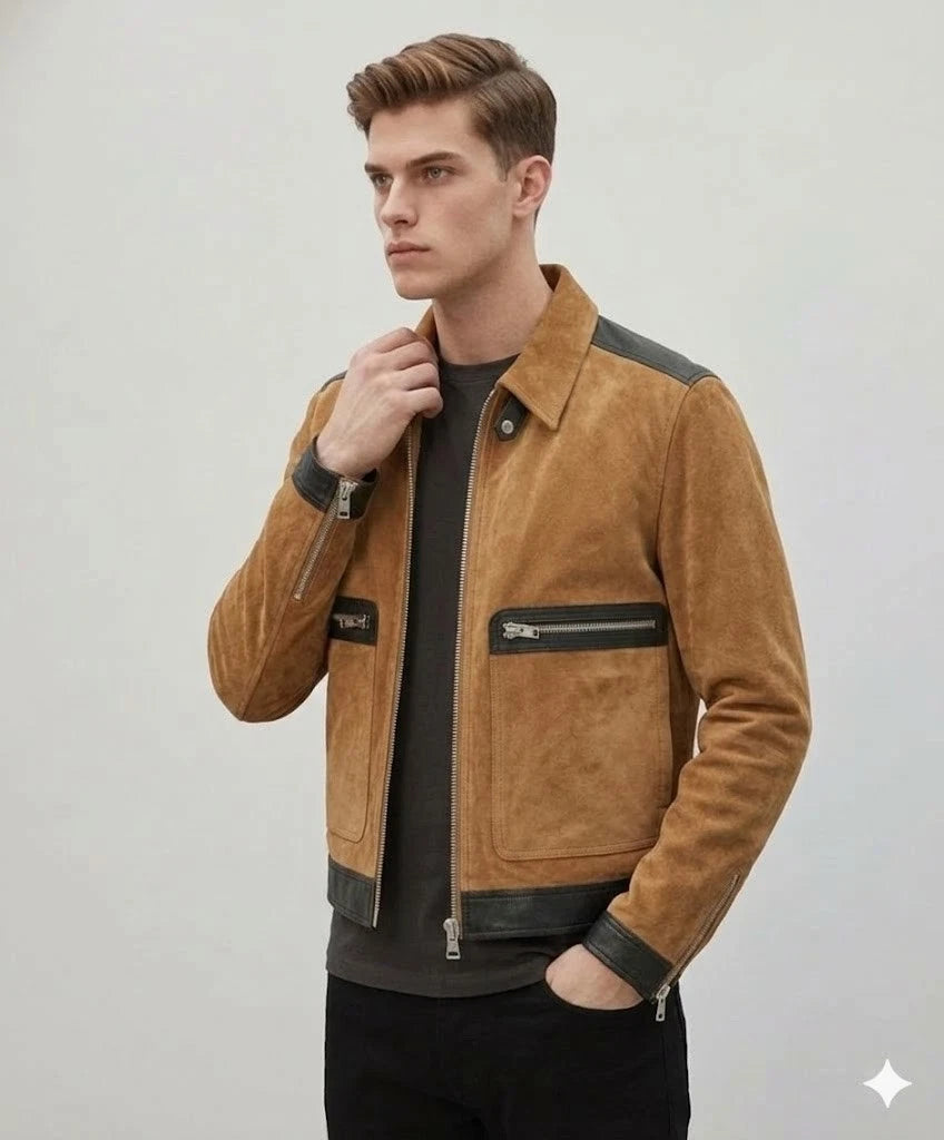 Men's Tan Suede & Black Leather Premium Original Trim Biker Jacket