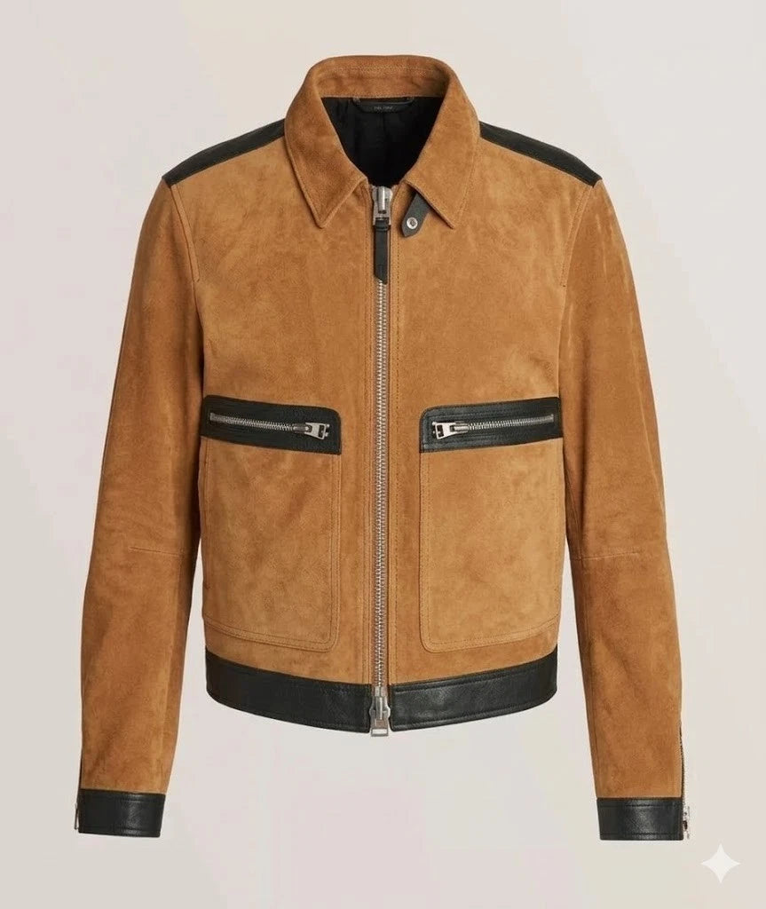 Men's Tan Suede & Black Leather Premium Original Trim Biker Jacket