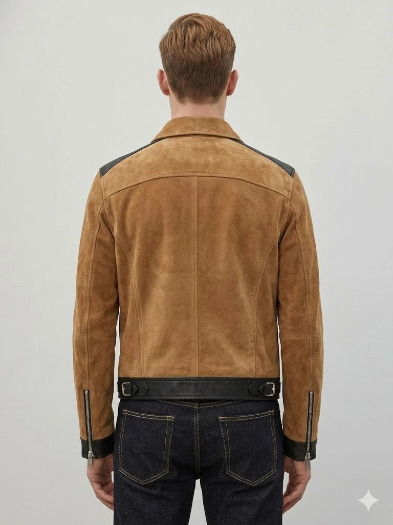 Men's Tan Suede & Black Leather Premium Original Trim Biker Jacket