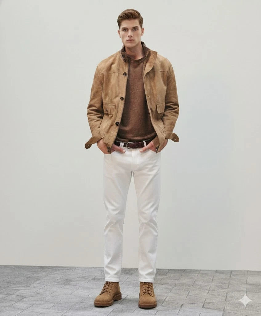 Men's Camel Suede Button-Front Field Premium Original Leather Jacket