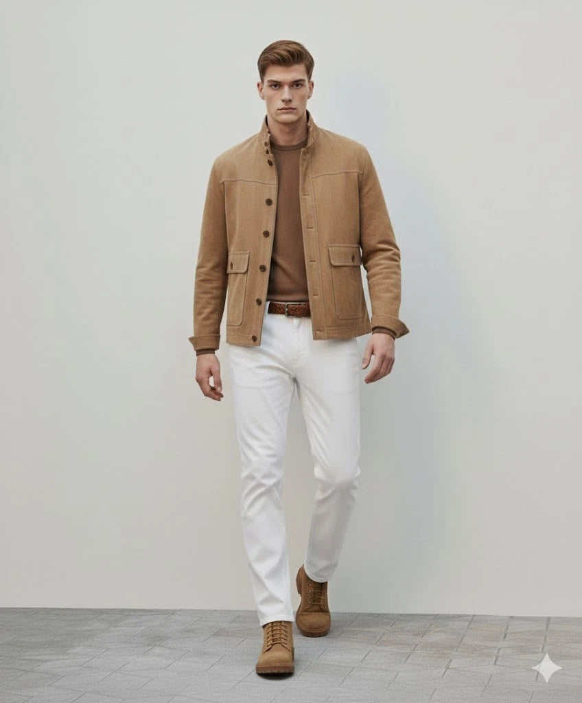 Men's Camel Suede Button-Front Field Premium Original Leather Jacket