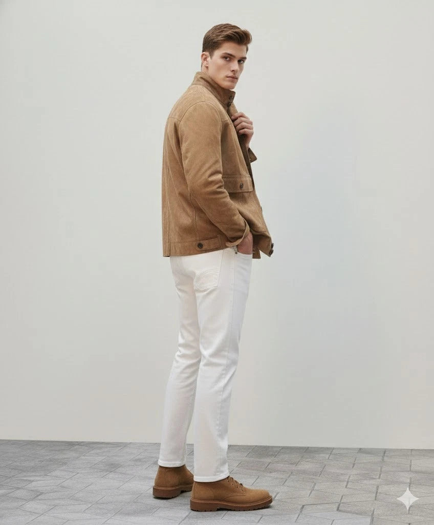 Men's Camel Suede Button-Front Field Premium Original Leather Jacket