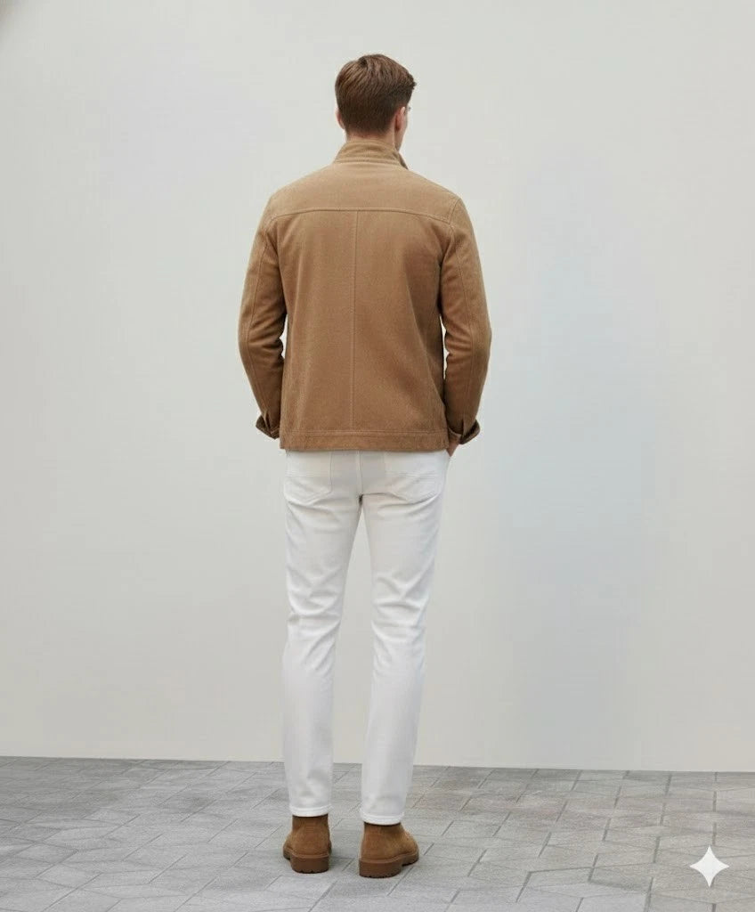 Men's Camel Suede Button-Front Field Premium Original Leather Jacket