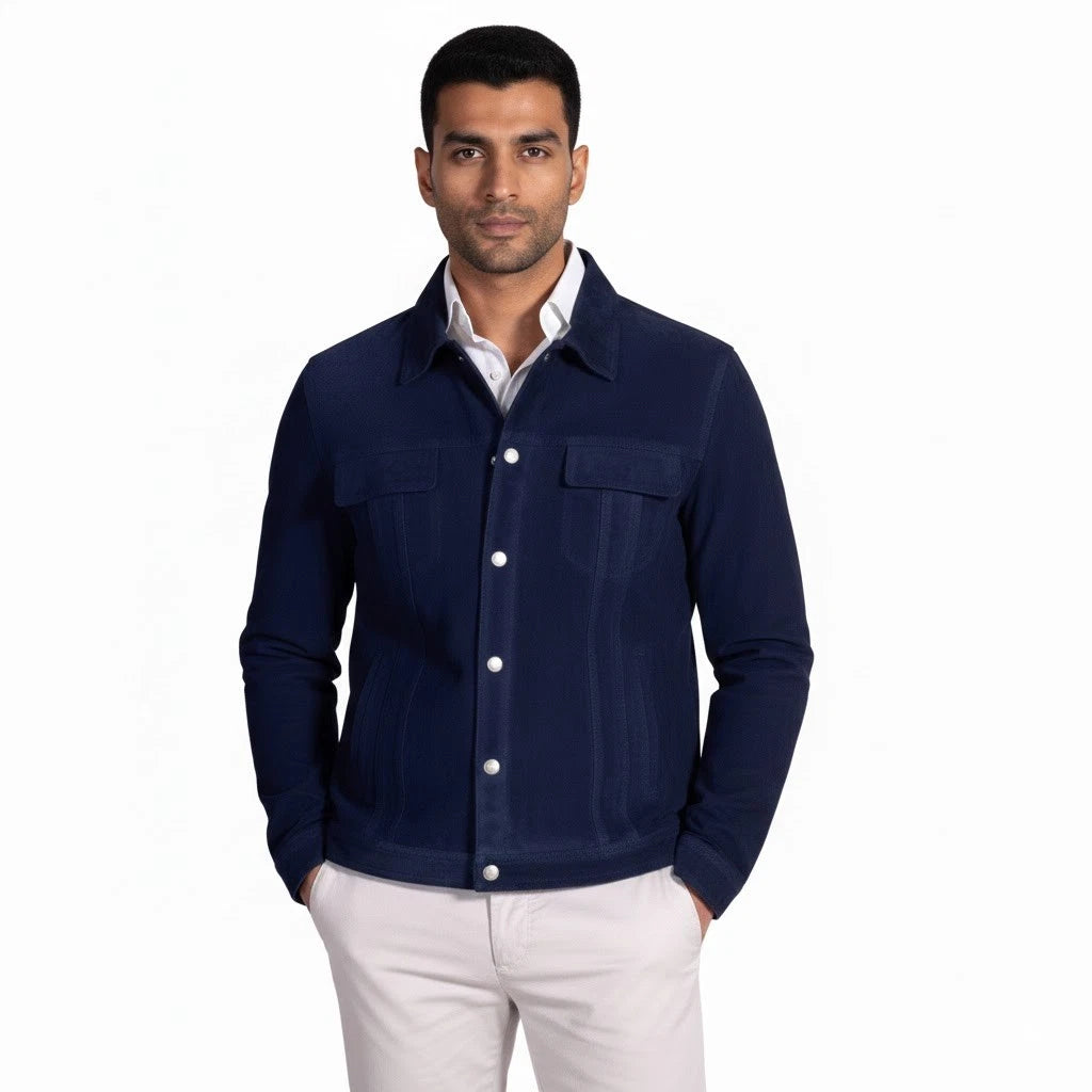 Men's Navy Suede Snap-Button Shirt Premium Original Jacket