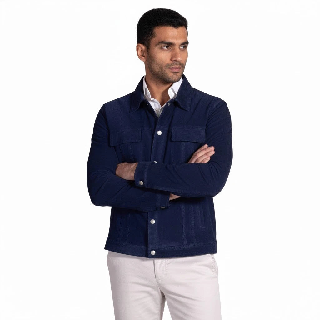 Men's Navy Suede Snap-Button Shirt Premium Original Jacket