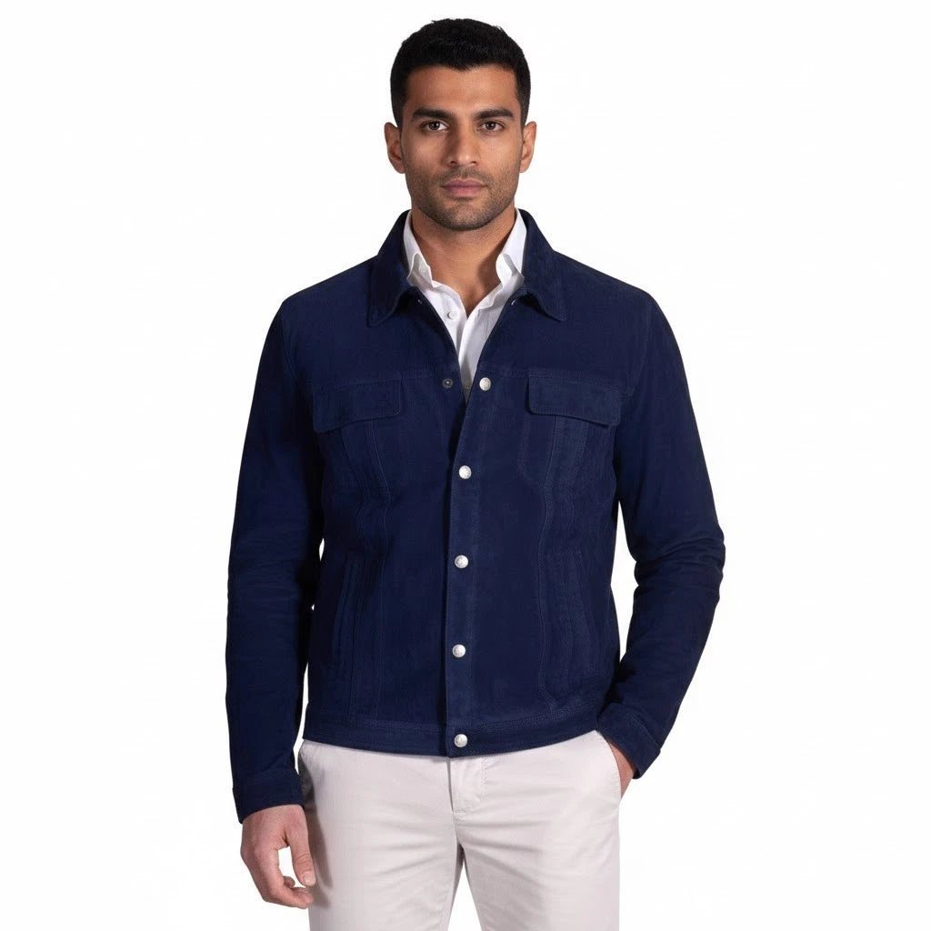 Men's Navy Suede Snap-Button Shirt Premium Original Jacket