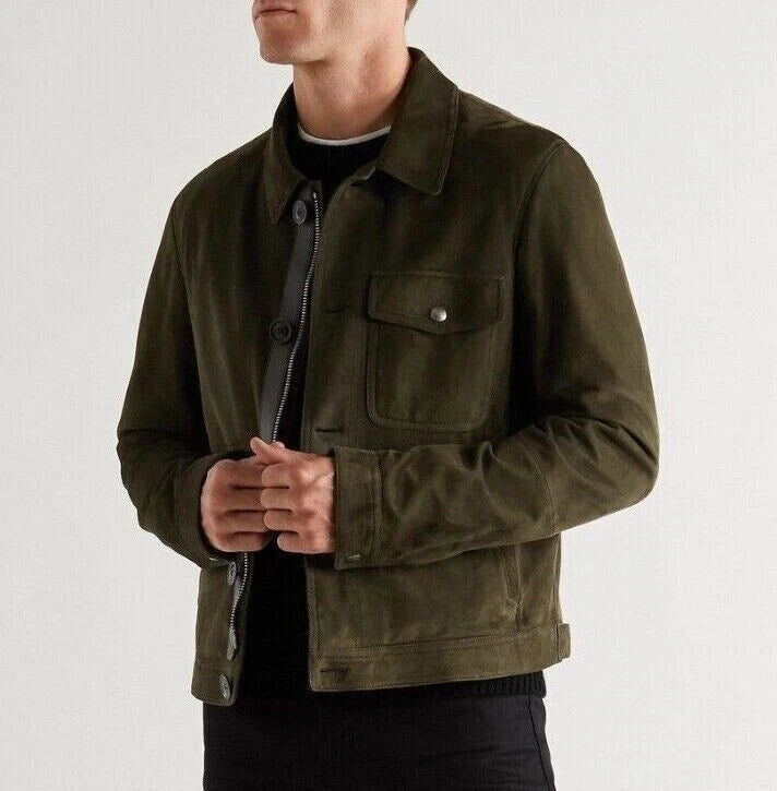 Men's Olive Green Suede Trucker Original Premium Leather Jacket