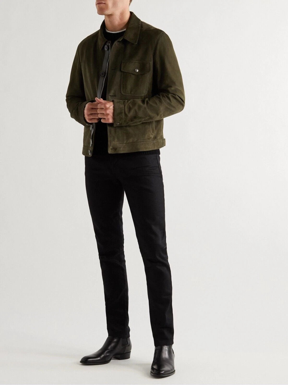 Men's Olive Green Suede Trucker Original Premium Leather Jacket