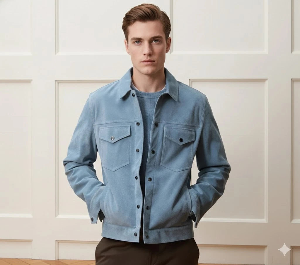 Men's Sky Blue Suede Premium Original Leather Shirt Jacket
