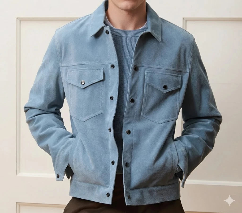 Men's Sky Blue Suede Premium Original Leather Shirt Jacket