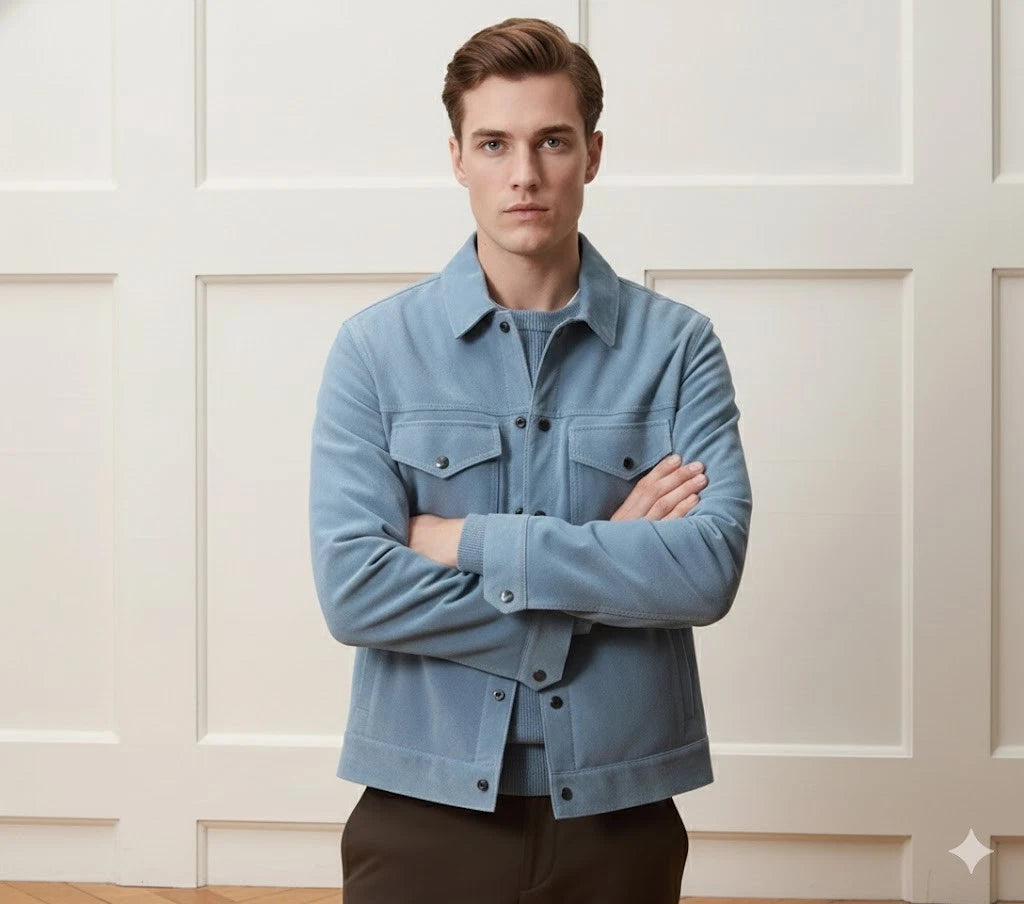 Men's Sky Blue Suede Premium Original Leather Shirt Jacket
