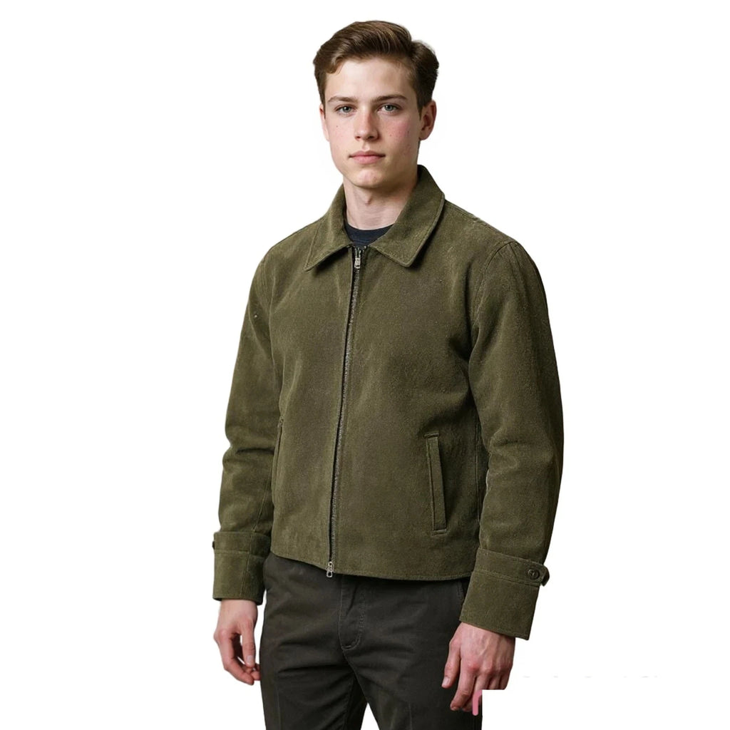 Men's Olive Green Suede Premium Original Leather Harrington Jacket